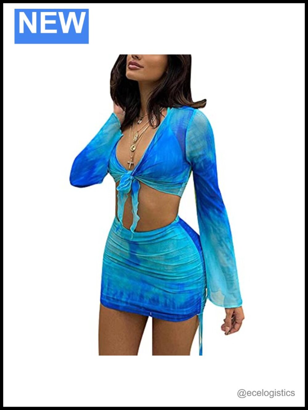 Women's 2 Pc Mesh Cover Up Set See Through Long Sleeve Ruched Bodycon Mini Skirt